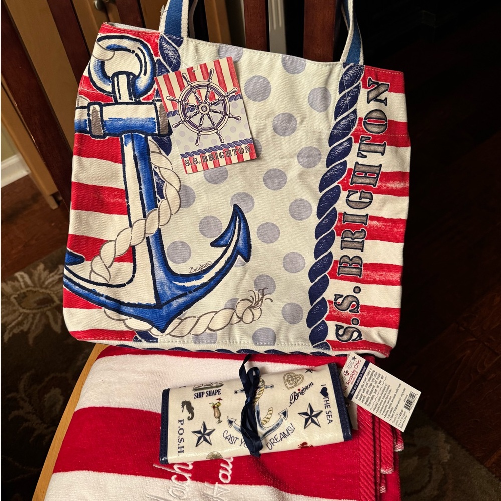 Brighton Sail Away Tote Blue Red Accents +beach towel+wallet jewelry wrap  3 SET